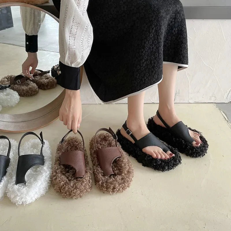 Sandalias romanas de felpa de lana de cordero para mujer - Chanclas de invierno 