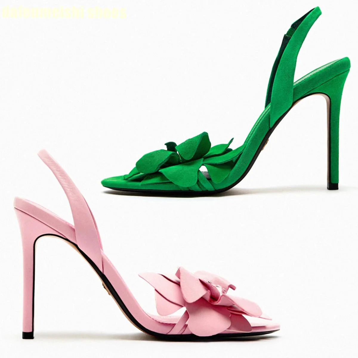 Elegantes sandalias de tacón de piel de oveja con cristales y estampado floral verde/rosa