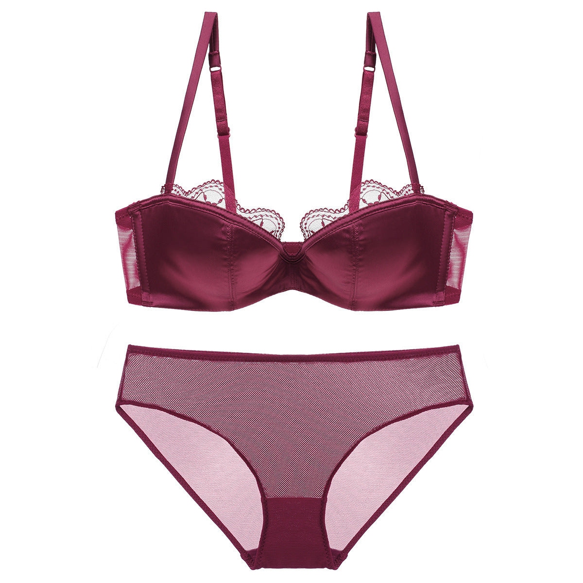 Bralette-Set aus glänzender Spitze mit tiefem V-Ausschnitt und dünnem Halbschalen-Satin