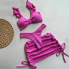 Dreiteiliges Bikini-Set mit Holzohrschlitz 