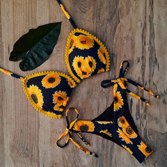 Nuevo bikini dividido con encaje y estampado de girasoles 