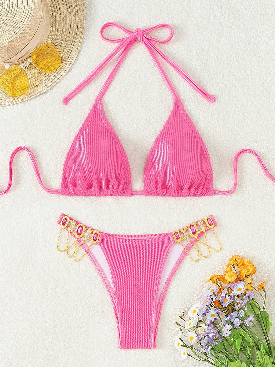 Bikini de cristales con cordones en color liso