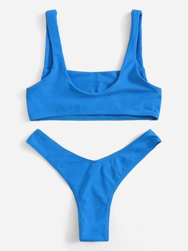 Modisches, blaues, geflochtenes Bikini-Set mit hohem Beinausschnitt