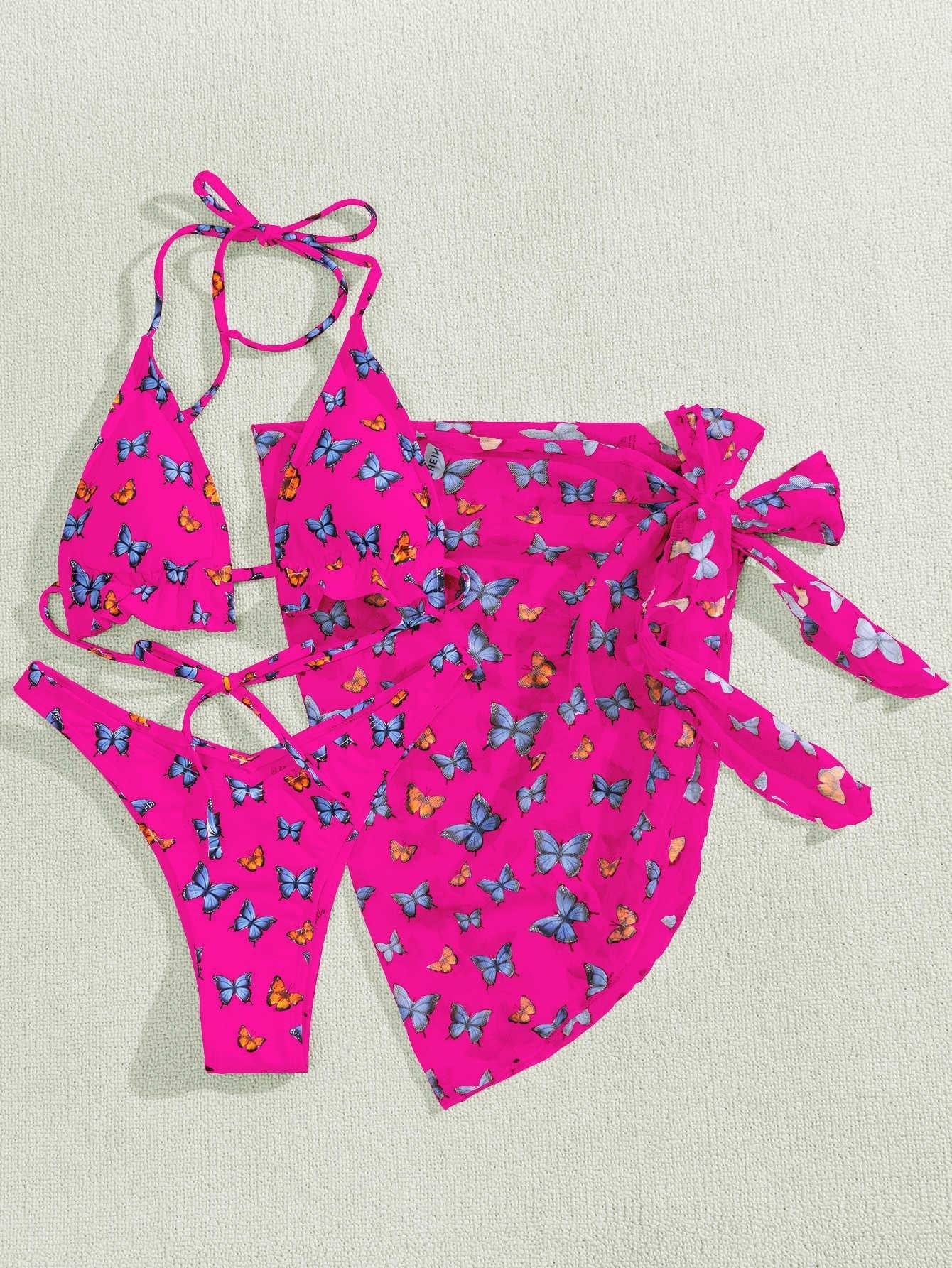 Dreiteiliger Bikini mit Gazerock und Schmetterlings-Print