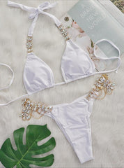 Bikini dividido de color sólido con diamantes de cristal para mujer