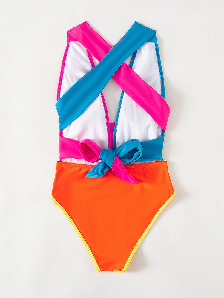 Color-matching Lace-up Backless One-piece Swimsuit