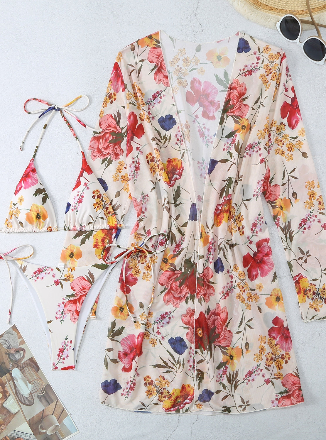 Traje de baño de playa con blusas y estampado de flores, traje de baño de tres piezas