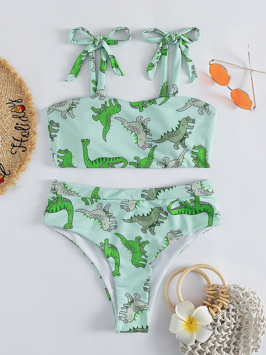 Zweiteiliger Bikini mit hoher Taille und Dinosaurier-Print