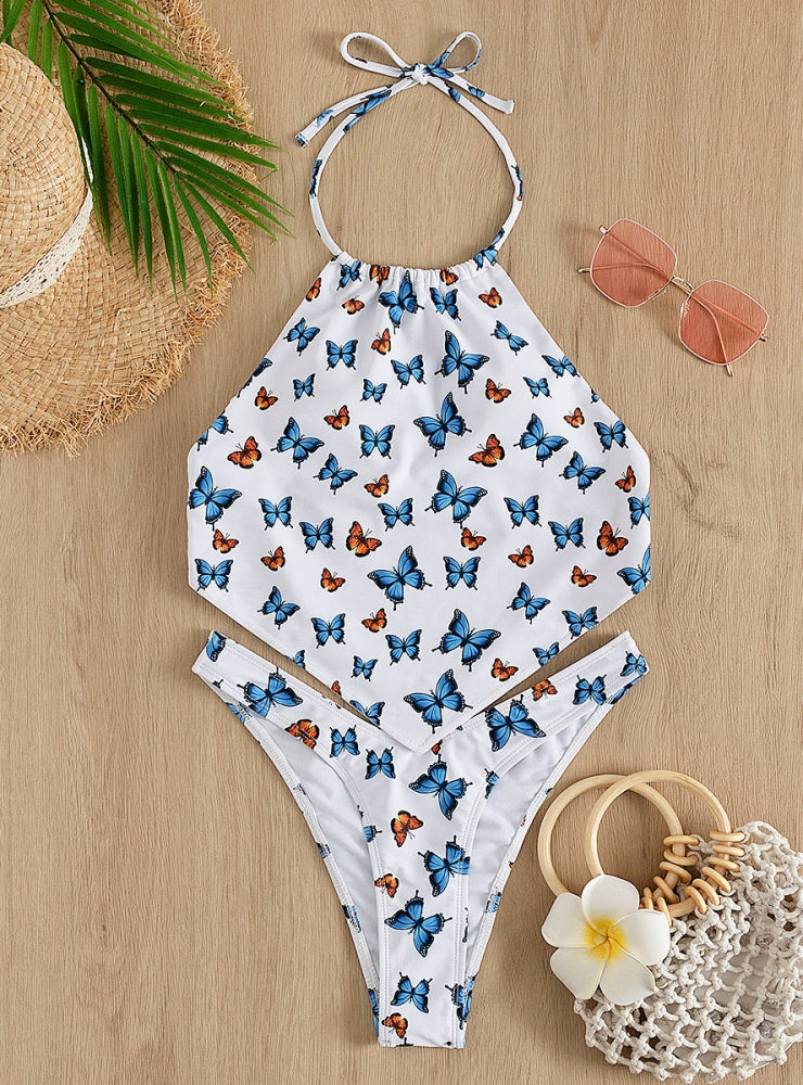 Bikini de dos piezas con cuello estampado de mariposas