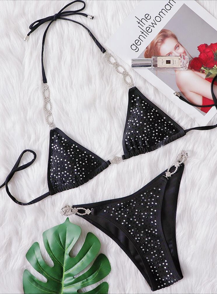 Rhinestones Split Solid Color Strap Bikini