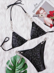 Rhinestones Split Solid Color Strap Bikini