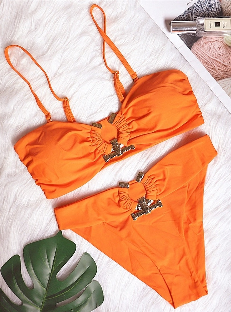 Metal Solid Color Tube Top High Waist Bikini