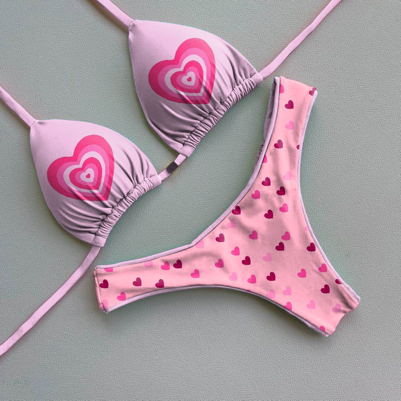 Cute girly heart print bikini set