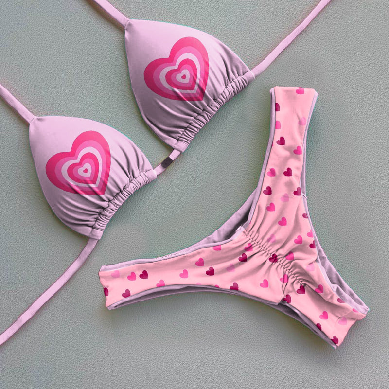 Cute girly heart print bikini set