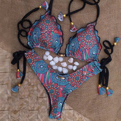 Bikini mit geschlitztem Straps-Retro-Ethno-Print 