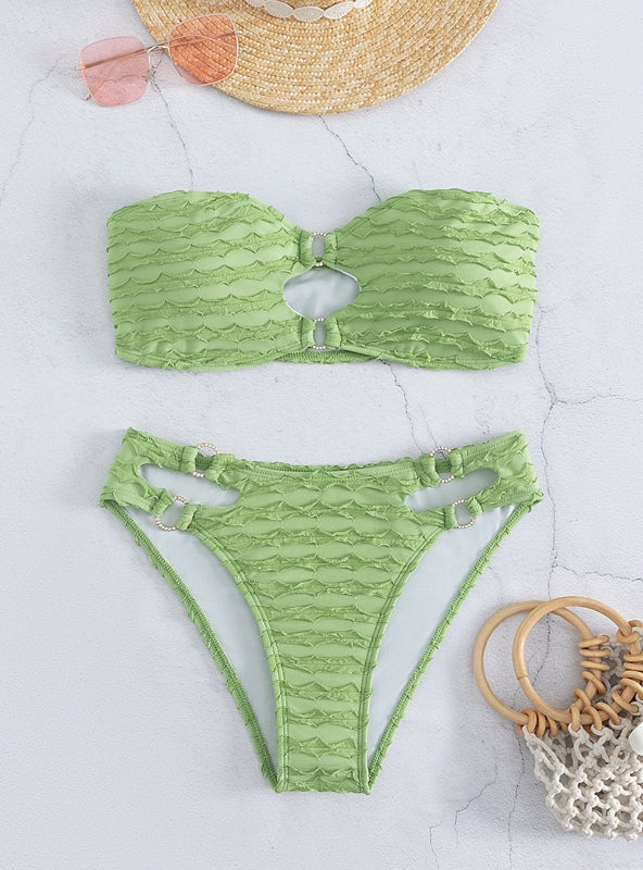 Einfarbiger Tube-Top-Bikini mit Hohlsaum