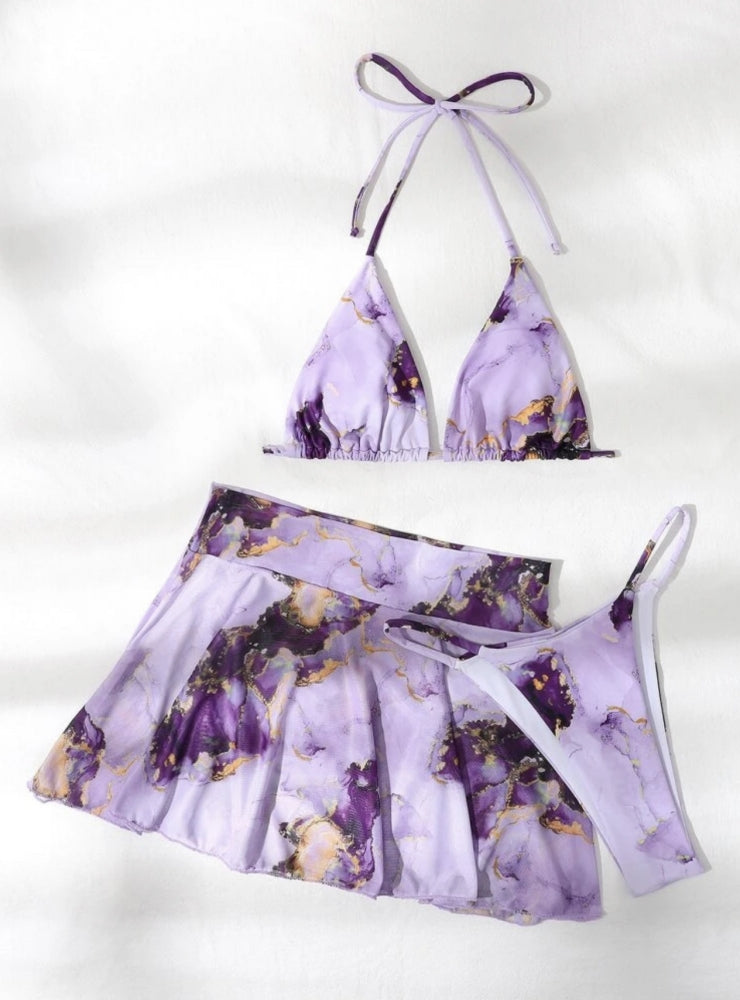 Dreiteiliger Bikini mit Seilträgern und Marmor-Print