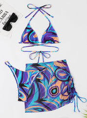 Split Three-piece Printed Lace-up Swimsuit