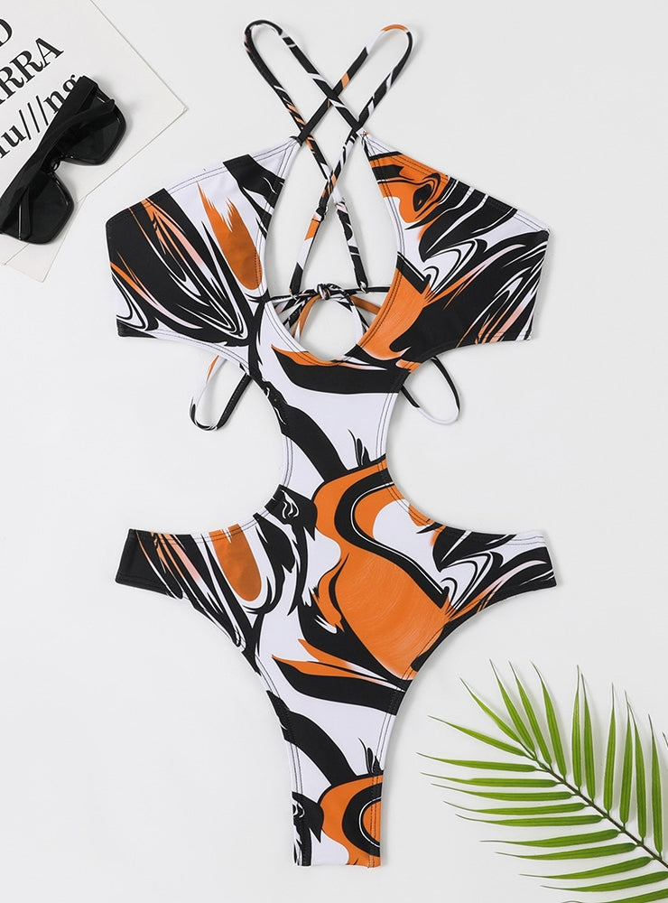 Einteiliger dreieckiger Bikini mit Print und Schnürung