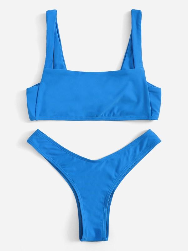 Modisches, blaues, geflochtenes Bikini-Set mit hohem Beinausschnitt