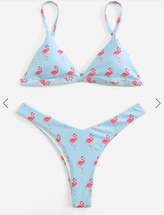 Modisches gepolstertes Tanga-Bikini-Set mit Flamingo-Print