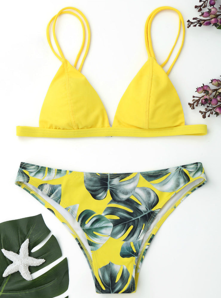 Traje de baño de bikini de tirantes con estampado de hojas de palma para mujer