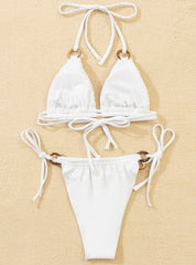 Solid Color White Lace-up Bikini