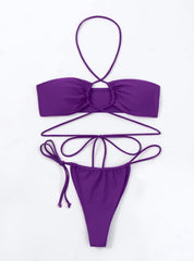 Traje de baño morado de dos piezas con tirantes tipo halter para mujer