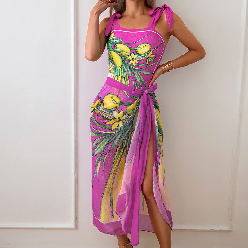 Printed Chiffon Skirt One-Piece Swimsuit