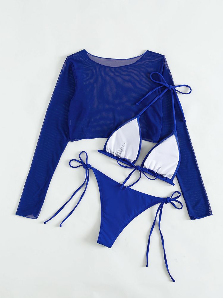 Blue Long-sleeved Three-piece Swimsuit