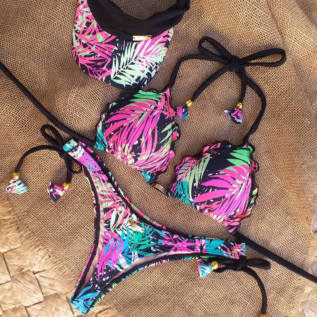 Boho-Bikini mit Blatt-Print 