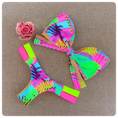 color print split tube top bow bikini