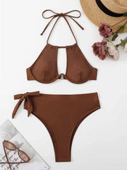 Einfarbiger Bikini mit hoher Taille und Raffung