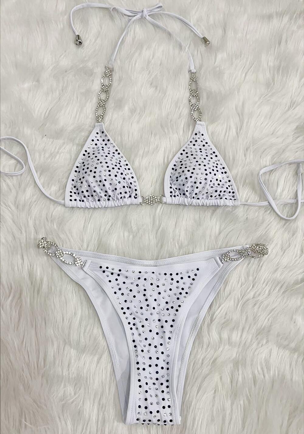 Bikini con tirantes de color liso divididos y diamantes de imitación