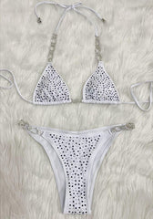 Rhinestones Split Solid Color Strap Bikini