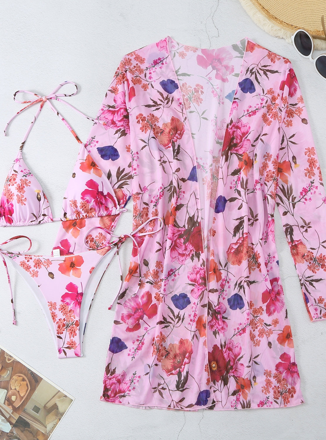 Traje de baño de playa con blusas y estampado de flores, traje de baño de tres piezas