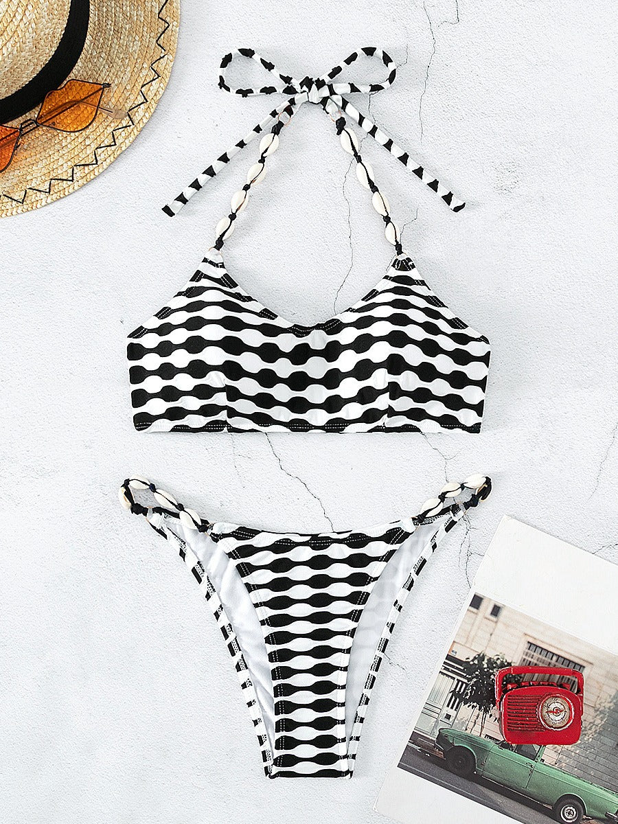 Black and White Contrast Shell Rope Bikini