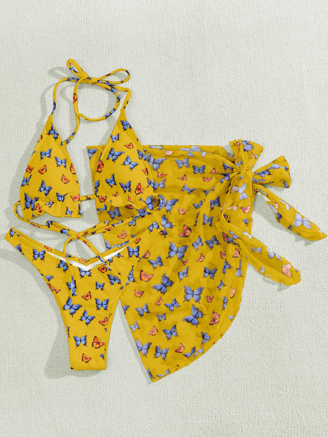 Dreiteiliger Bikini mit Gazerock und Schmetterlings-Print