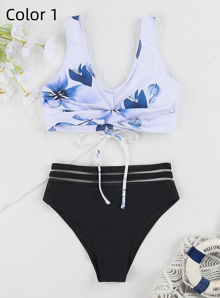 Printed Multi-color Split Sports Backless Swimsuit