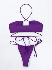 Traje de baño morado de dos piezas con tirantes tipo halter para mujer