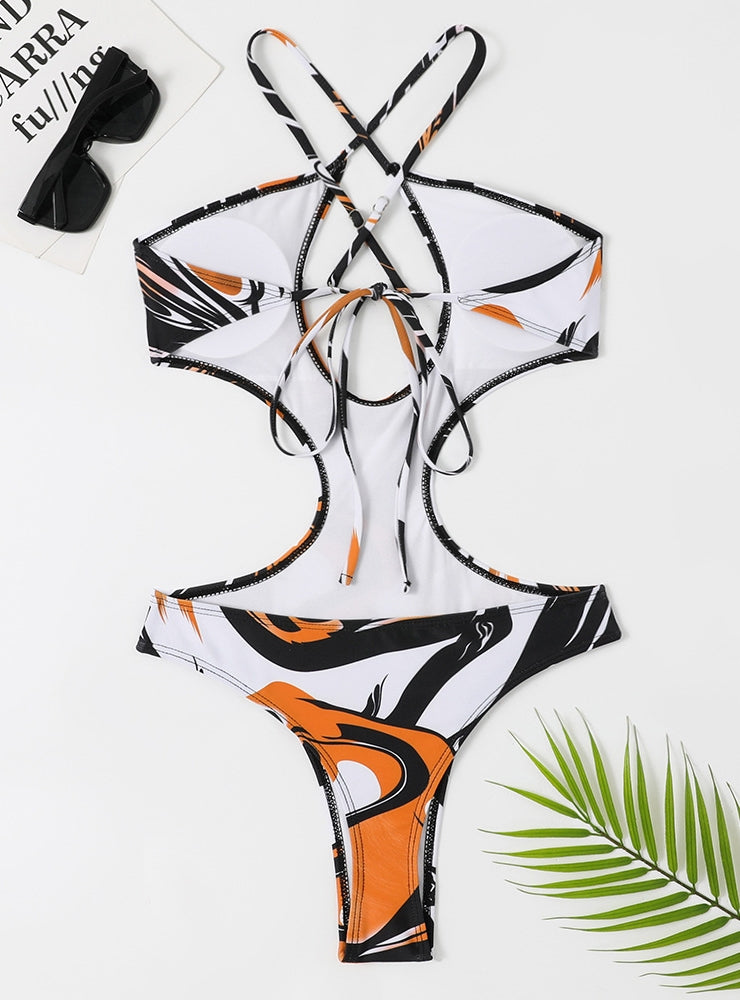 Bikini de una pieza con cordones y estampado triangular