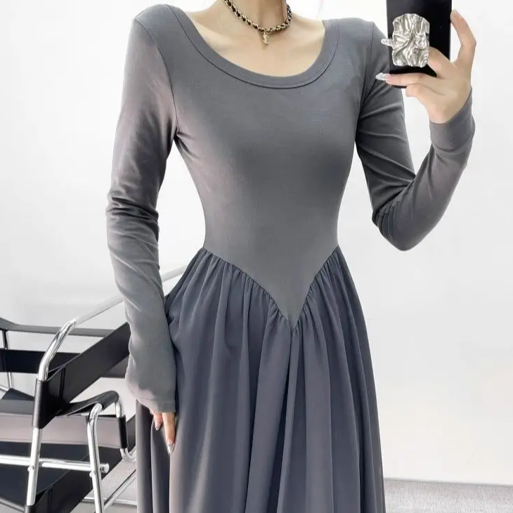 VESTIDO MAXI GRIS con CINTURA EN V