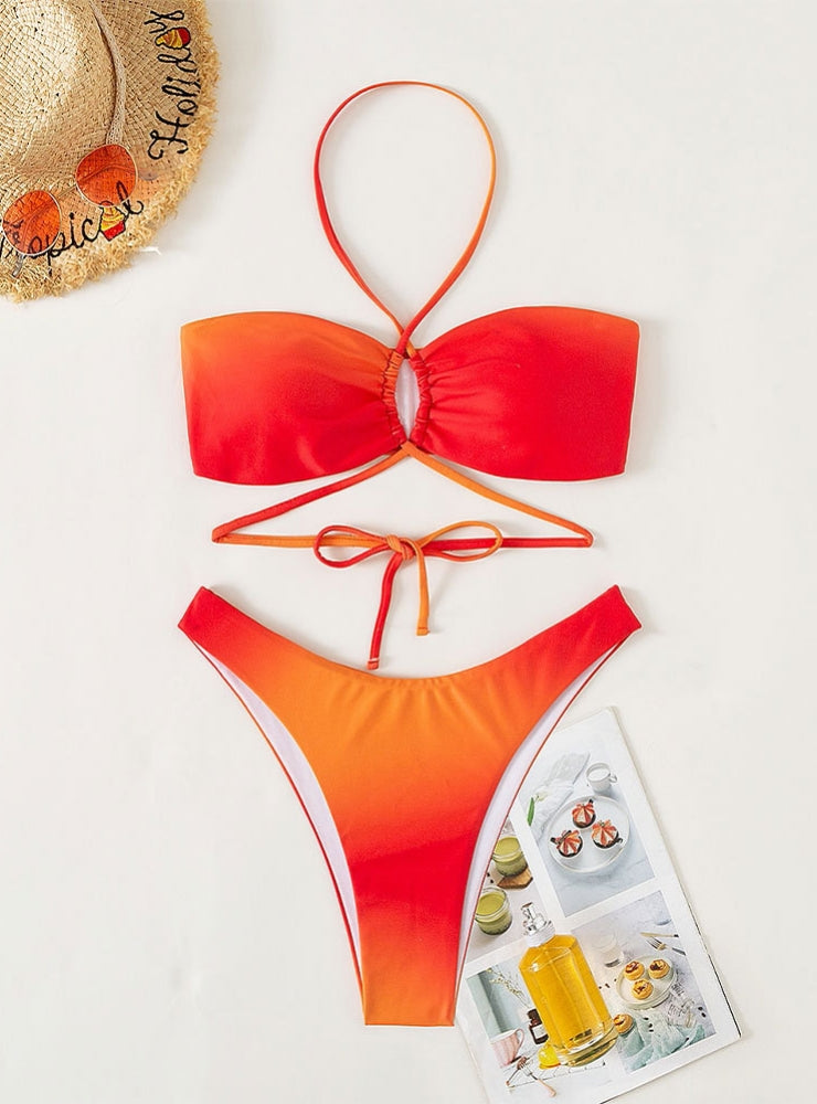 Traje de baño de tres piezas con cuello halter de malla naranja 