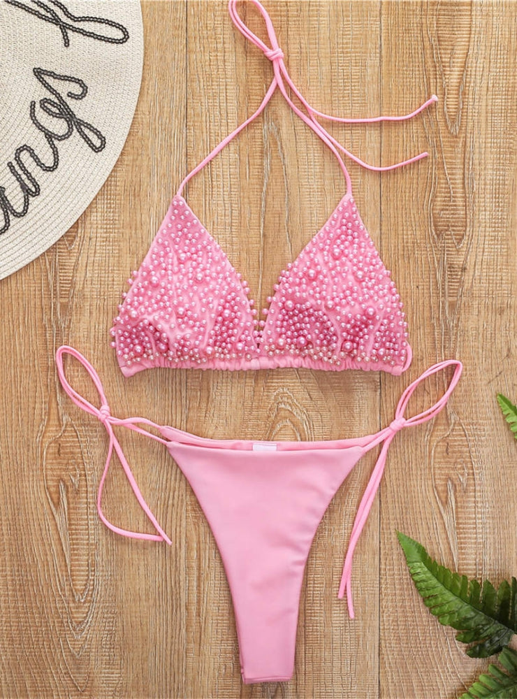 Solid Color Beaded Pearls Bikini