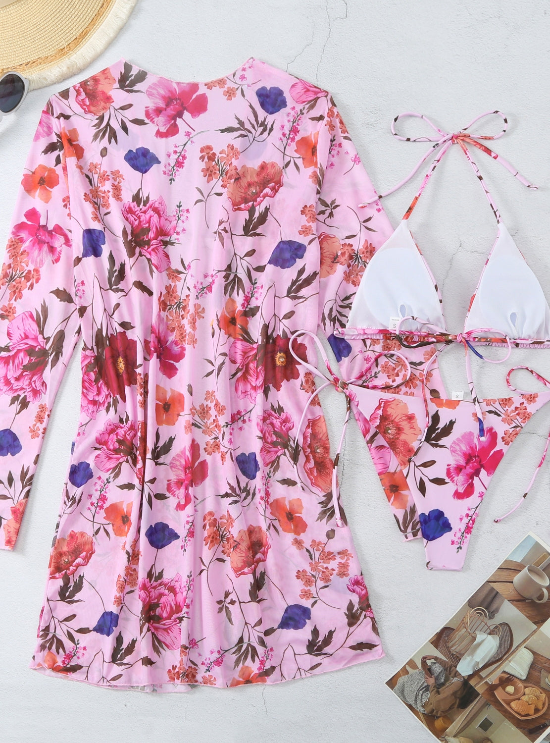 Traje de baño de playa con blusas y estampado de flores, traje de baño de tres piezas