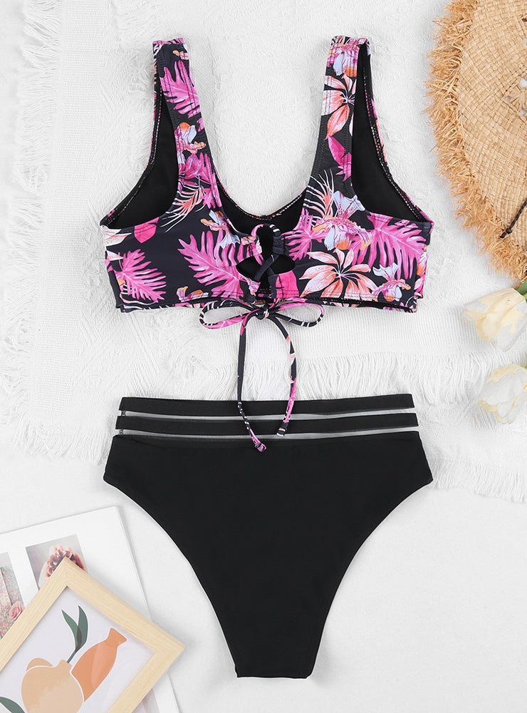 Printed Multi-color Split Sports Backless Swimsuit