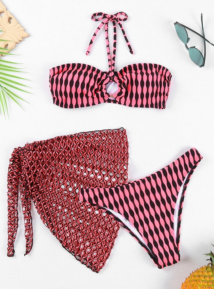 Traje de baño de tres piezas dividido con estampado de bikini