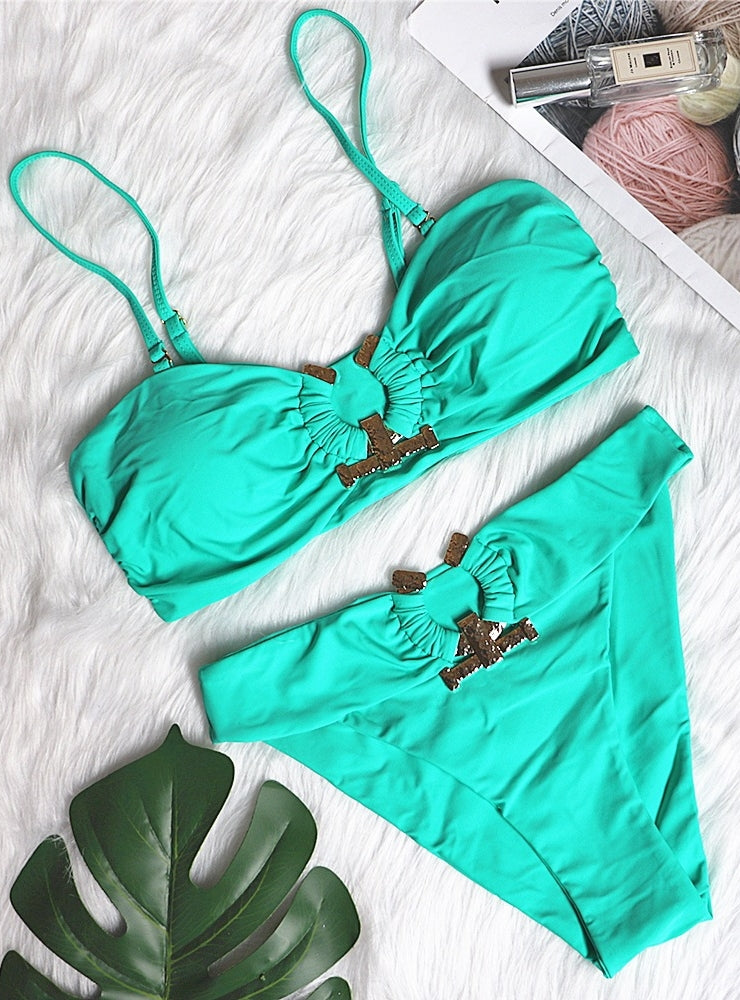 Metal Solid Color Tube Top High Waist Bikini