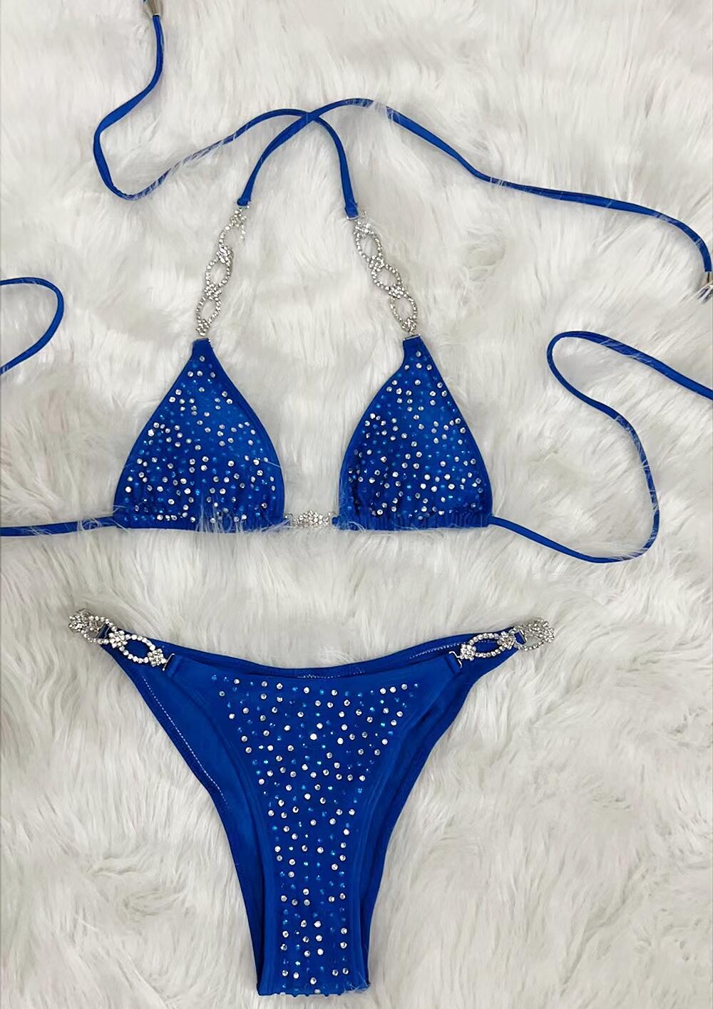 Rhinestones Split Solid Color Strap Bikini