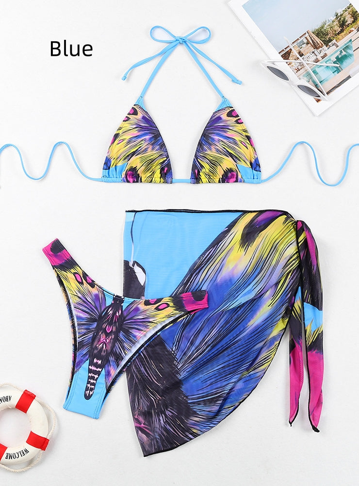 Bikini mit mehrfarbigem Schmetterlings-Print und geteiltem Gazerock